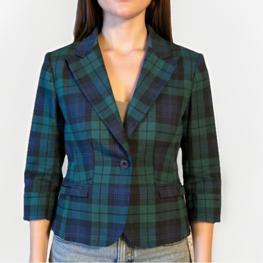 Brooks Brothers 346 Wool One Button Plaid Women's Size 4 Stretch Blazer Green